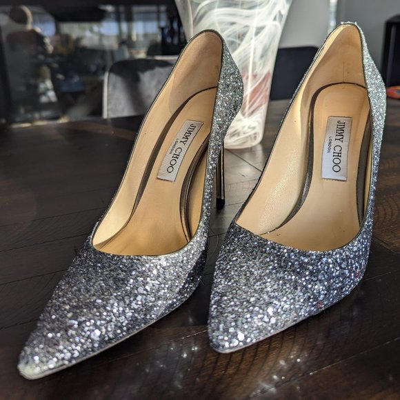 Jimmy Choo Romy 100 Navy Silver Ombre Glitter Stiletto Heels Pump EU 39.5 US 9.5 - Picture 13 of 13